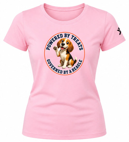 NOMAiX PAWS Beagle T-Shirt for Women - Powered By Treats Governed By a Beagle - Funny Dog Mom Gift Tee - Baby Pink - Flat