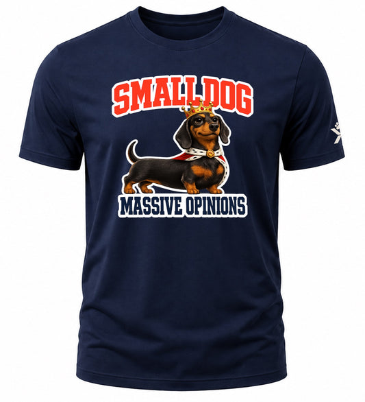 NOMAiX PAWS Dachshund T-Shirt for Men - Small Dog Massive Opinions - Funny Dog Dad Gift Tee - Navy - Flat