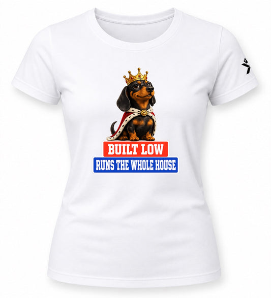 NOMAiX PAWS Dachshund T-Shirt for Women - Built Low Runs the Whole House - Funny Dog Mom Gift Tee - White - Flat