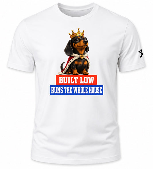 NOMAiX PAWS Dachshund T-Shirt for Men - Built Low Runs the Whole House - Funny Dog Dad Gift Tee - White - Flat