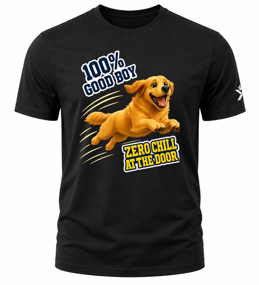 NOMAiX PAWS Golden Retriever T-Shirt for Men - 100% Good Boy Zero Chill at the Door - Funny Dog Dad Gift Tee - Black - Flat