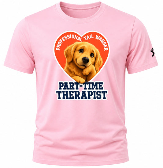 NOMAiX PAWS Golden Retriever T-Shirt for Men - Professional Tail Wagger Part-Time Therapist - Funny Dog Dad Gift Tee - Pink - Flat