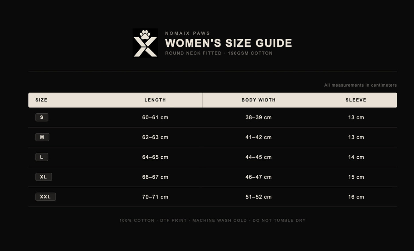 NOMAiX PAWS Sizing Chart - Women