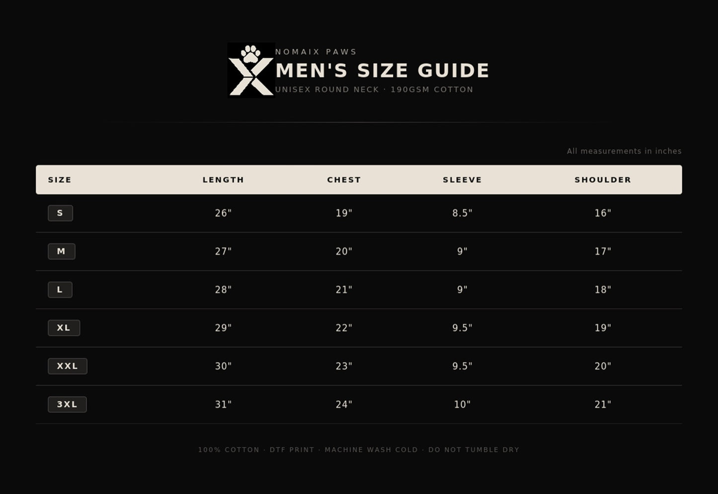 NOMAiX PAWS Sizing Chart - Men