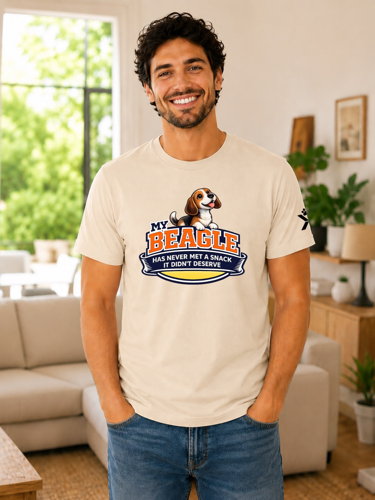 NOMAiX PAWS Beagle T-Shirt for Men - My Beagle Has Never Met a Snack It Didn't Deserve - Funny Dog Dad Gift Tee - Beige - Flat