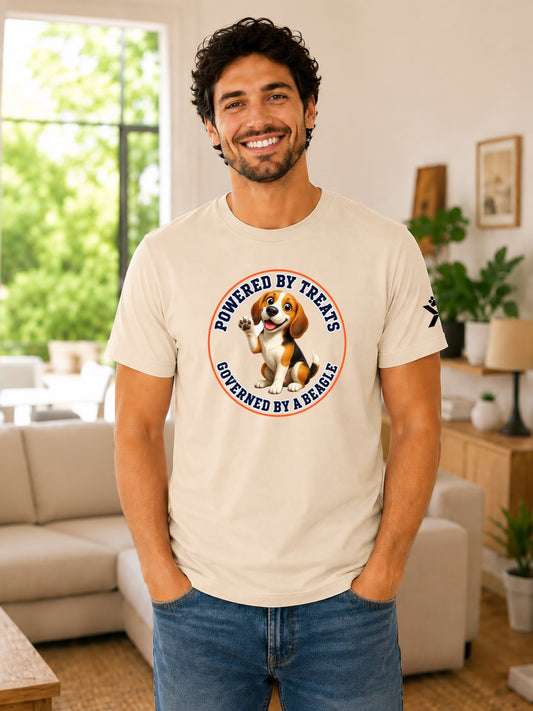 NOMAiX PAWS Beagle T-Shirt for Men - Powered By Treats Governed By a Beagle - Funny Dog Dad Gift Tee - Beige - Lifestyle