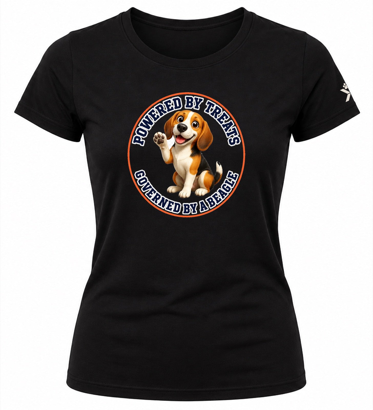NOMAiX PAWS Beagle T-Shirt for Women - Powered By Treats Governed By a Beagle - Funny Dog Mom Gift Tee - Black - Flat
