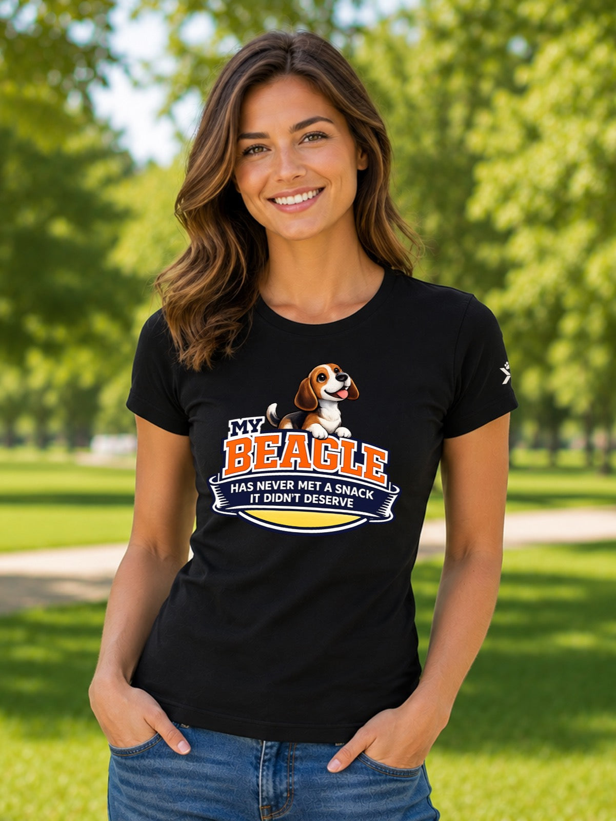 NOMAiX PAWS Beagle T-Shirt for Women - My Beagle Has Never Met a Snack It Didn't Deserve - Funny Dog Mom Gift Tee - Black - Lifestyle