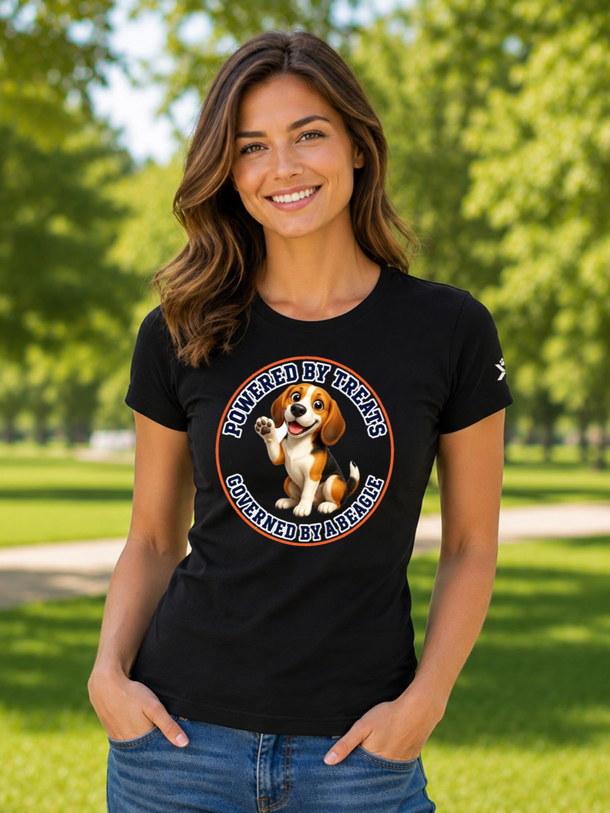 NOMAiX PAWS Beagle T-Shirt for Women - Powered By Treats Governed By a Beagle - Funny Dog Mom Gift Tee - Black - Lifestyle