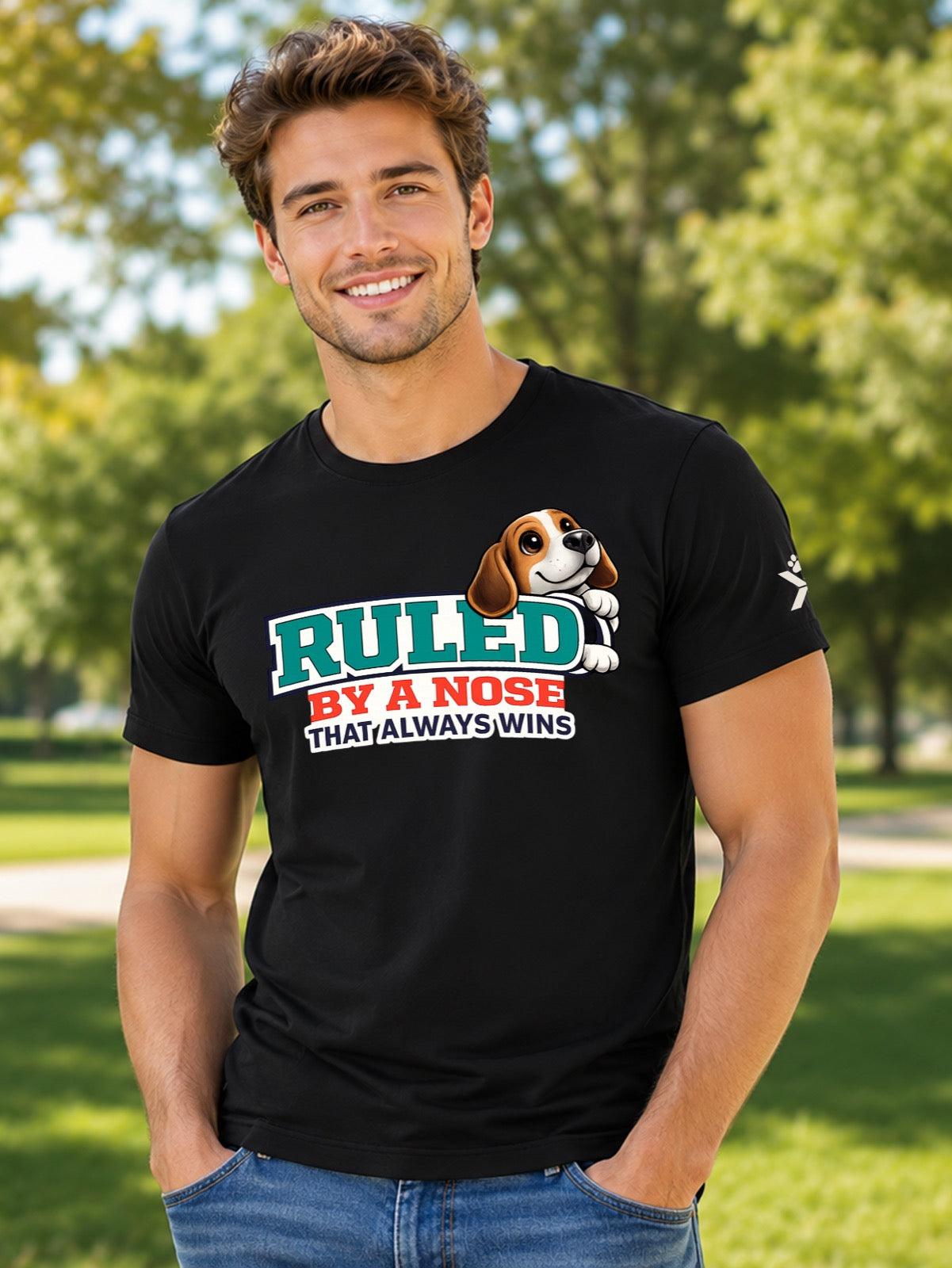 NOMAiX PAWS Beagle T-Shirt for Men - Ruled By a Nose That Always Wins - Funny Dog Dad Gift Tee - Black - Lifestyle