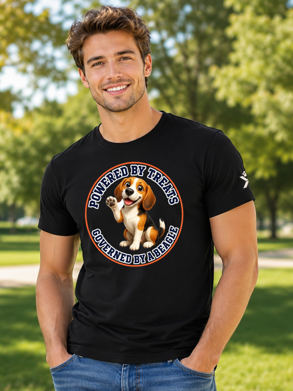 NOMAiX PAWS Beagle T-Shirt for Men - Powered By Treats Governed By a Beagle - Funny Dog Dad Gift Tee - Black - Lifestyle