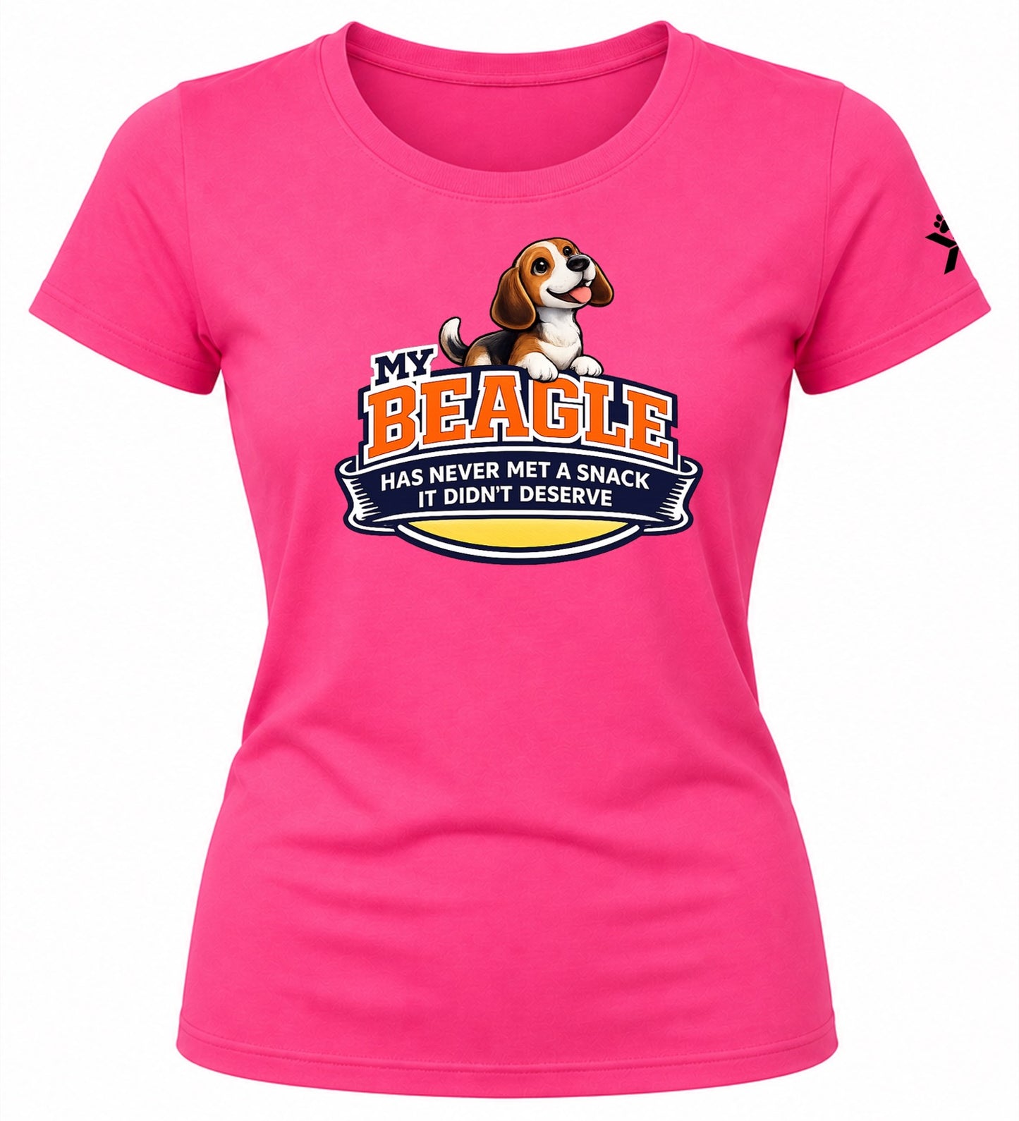 NOMAiX PAWS Beagle T-Shirt for Women - My Beagle Has Never Met a Snack It Didn't Deserve - Funny Dog Mom Gift Tee - Bright Pink - Flat