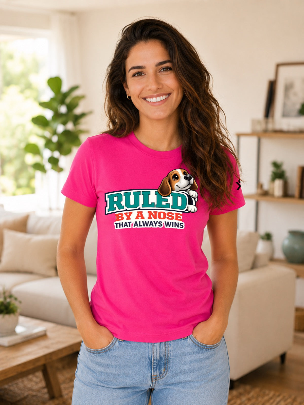 NOMAiX PAWS Beagle T-Shirt for Women - Ruled By a Nose That Always Wins - Funny Dog Mom Gift Tee - Bright Pink - Lifestyle