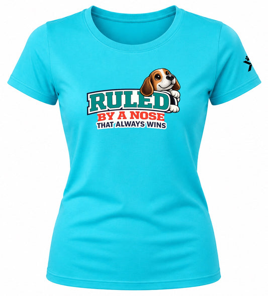 NOMAiX PAWS Beagle T-Shirt for Women - Ruled By a Nose That Always Wins - Funny Dog Mom Gift Tee - Cyan - Flat