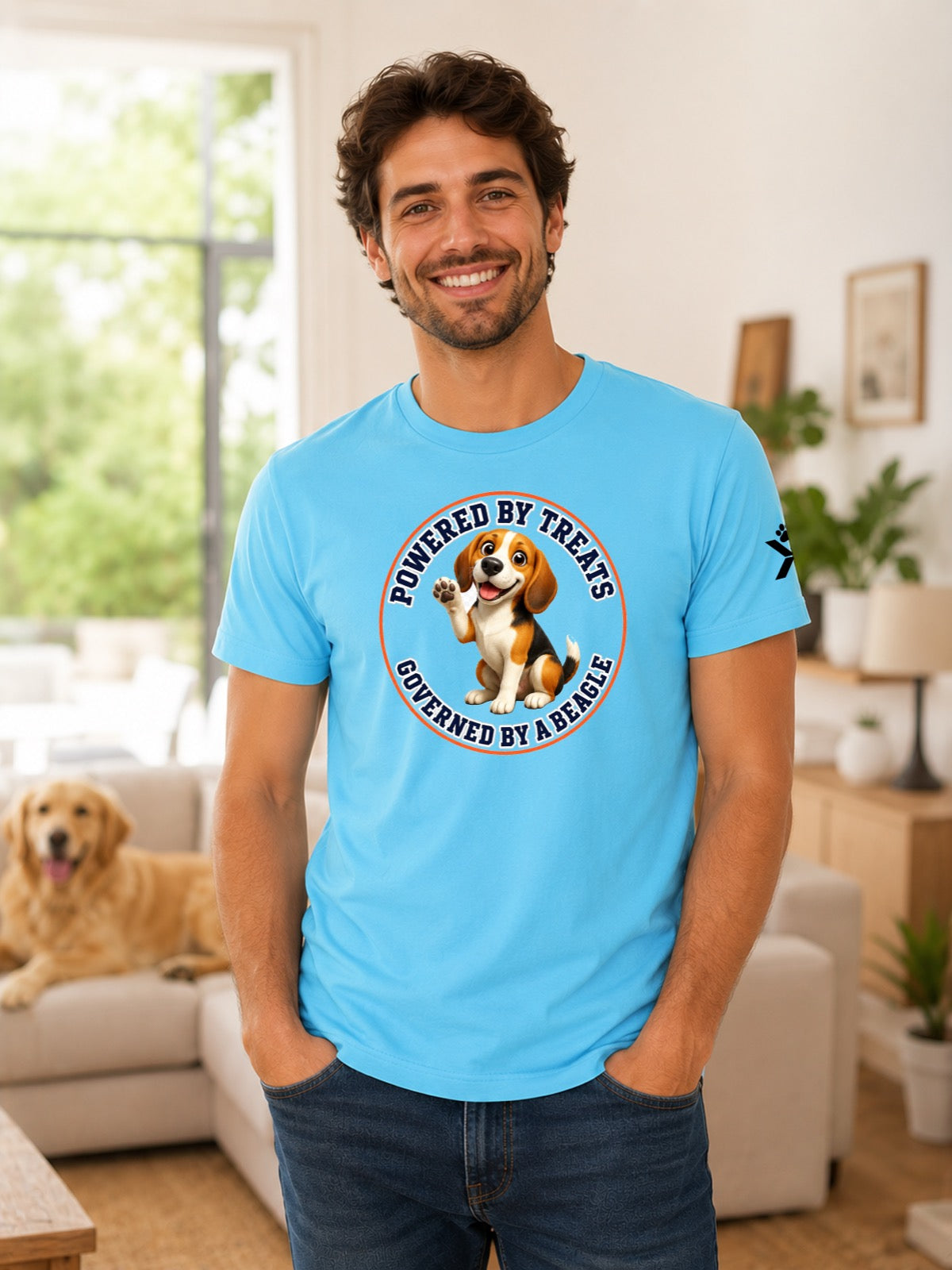 NOMAiX PAWS Beagle T-Shirt for Men - Powered By Treats Governed By a Beagle - Funny Dog Dad Gift Tee - Cyan - Lifestyle
