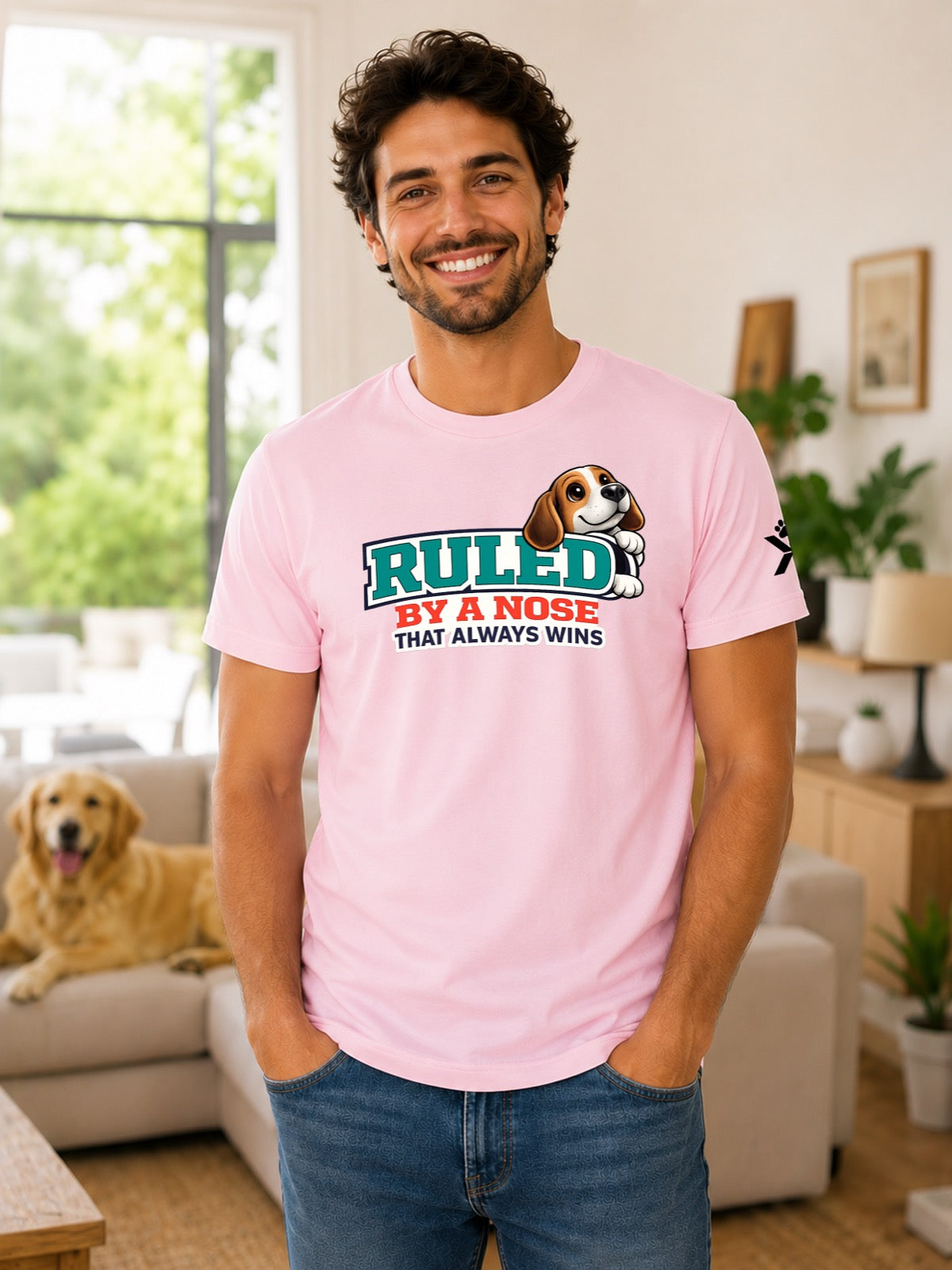 NOMAiX PAWS Beagle T-Shirt for Men - Ruled By a Nose That Always Wins - Funny Dog Dad Gift Tee - Pink - Lifestyle