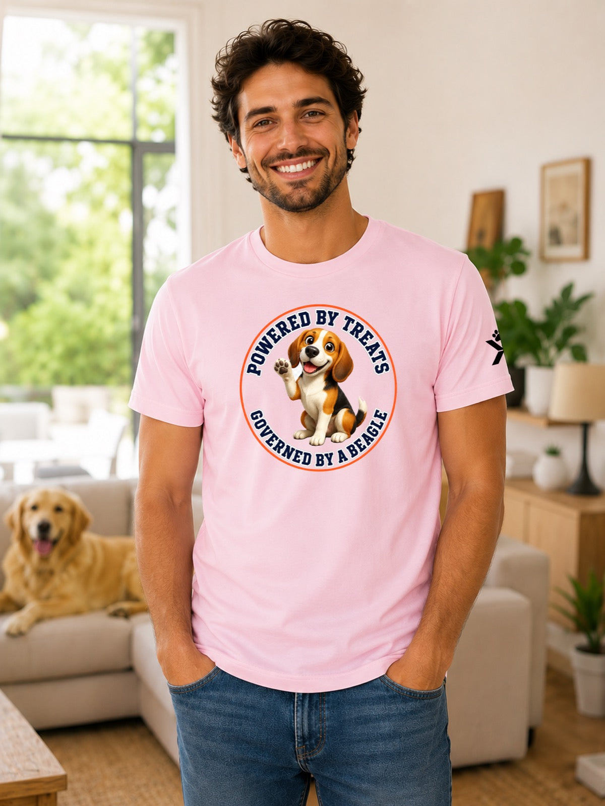 NOMAiX PAWS Beagle T-Shirt for Men - Powered By Treats Governed By a Beagle - Funny Dog Dad Gift Tee - Pink - Lifestyle