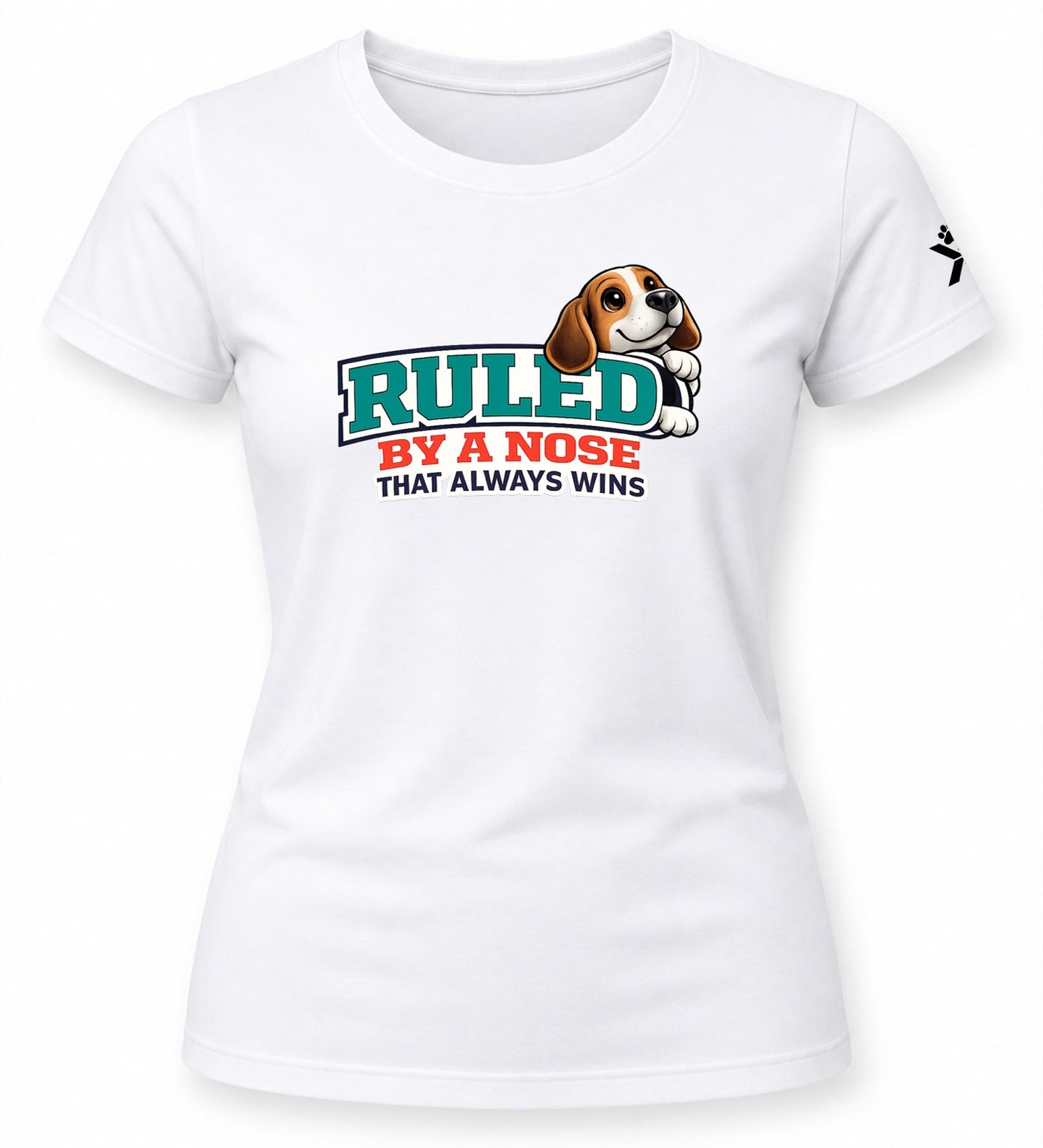 NOMAiX PAWS Beagle T-Shirt for Women - Ruled By a Nose That Always Wins - Funny Dog Mom Gift Tee - White - Flat