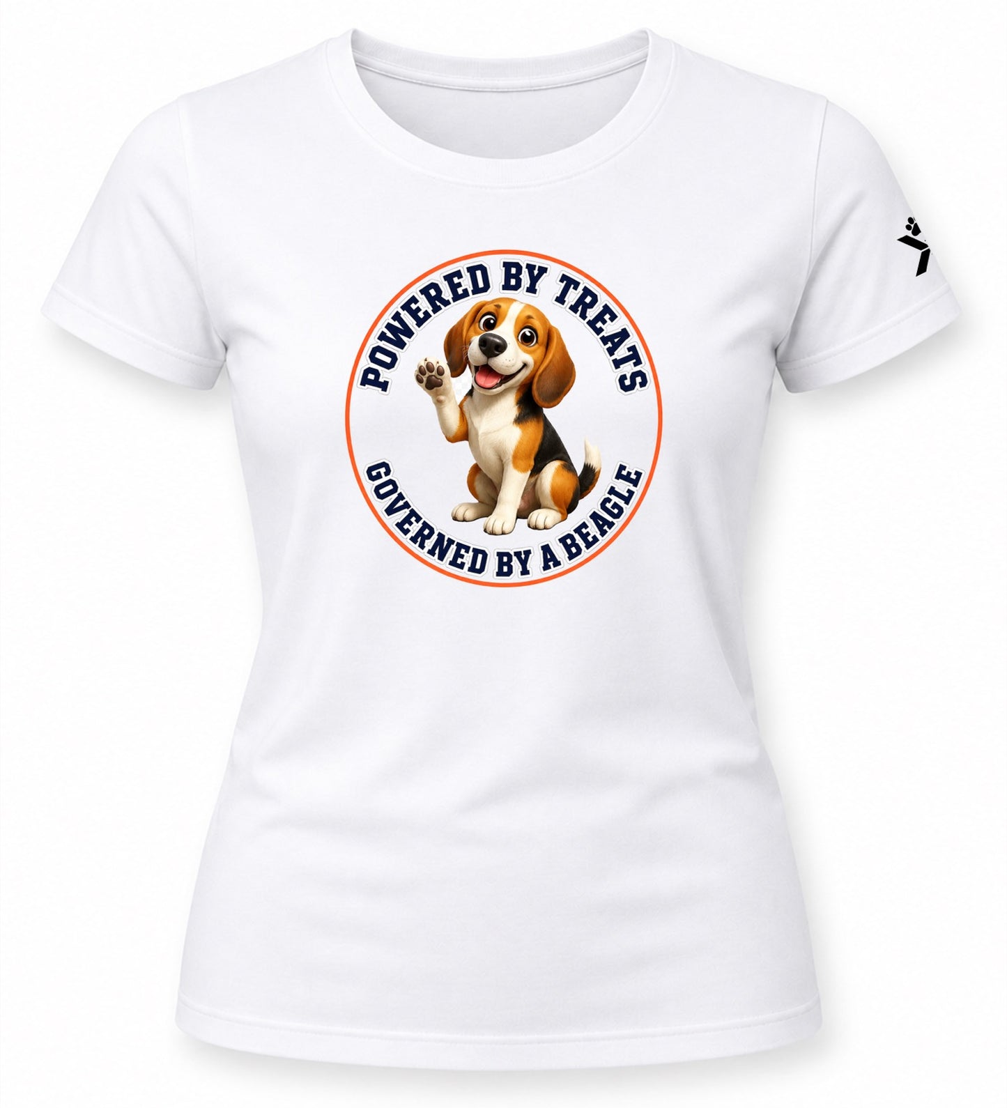 NOMAiX PAWS Beagle T-Shirt for Women - Powered By Treats Governed By a Beagle - Funny Dog Mom Gift Tee - White - Flat