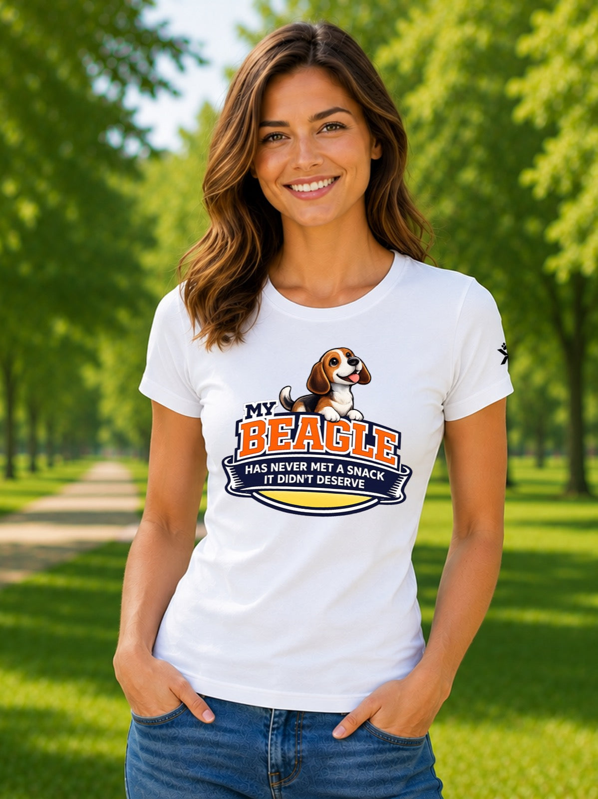 NOMAiX PAWS Beagle T-Shirt for Women - My Beagle Has Never Met a Snack It Didn't Deserve - Funny Dog Mom Gift Tee - White - Lifestyle