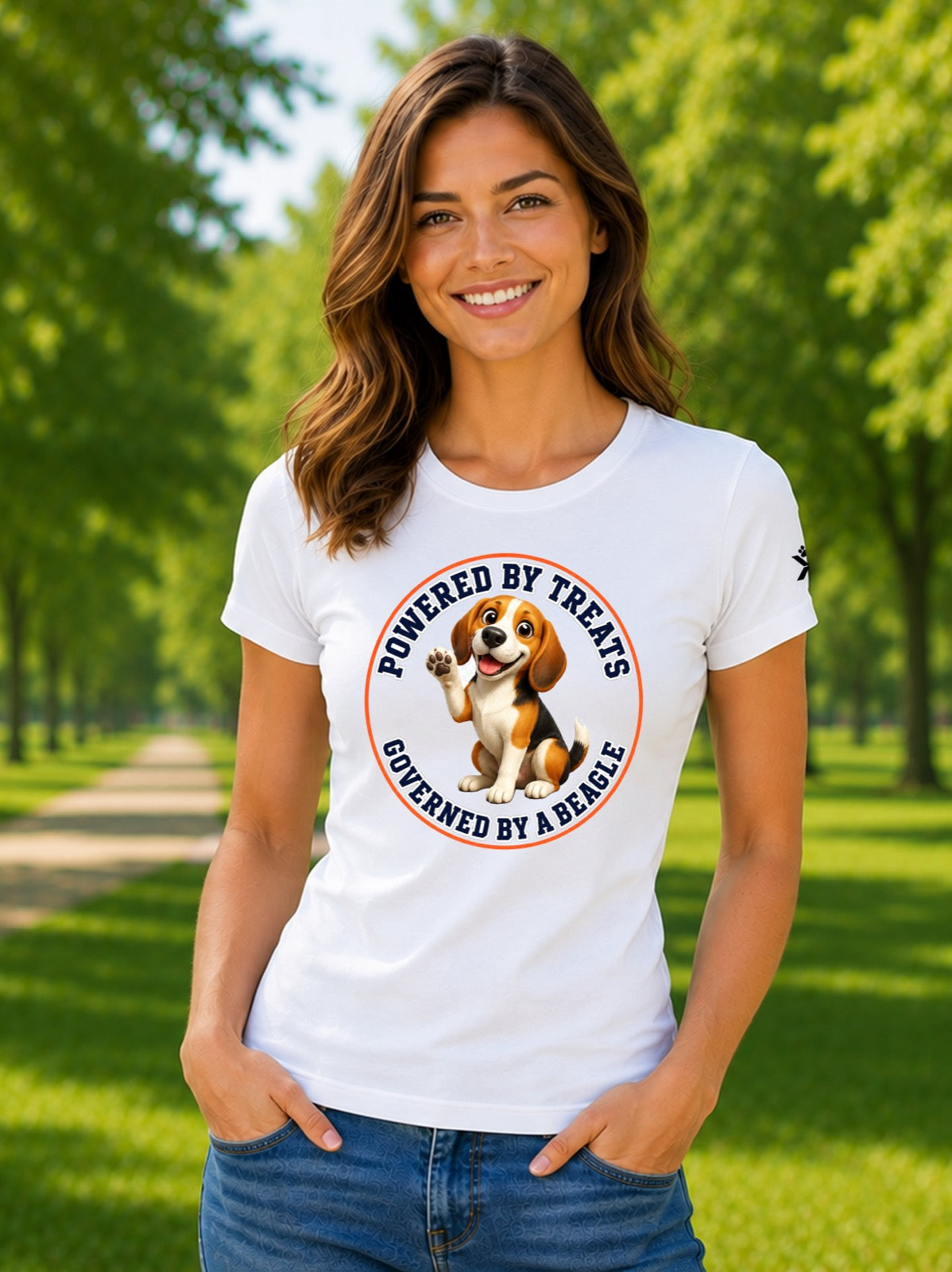 NOMAiX PAWS Beagle T-Shirt for Women - Powered By Treats Governed By a Beagle - Funny Dog Mom Gift Tee - White - Lifestyle