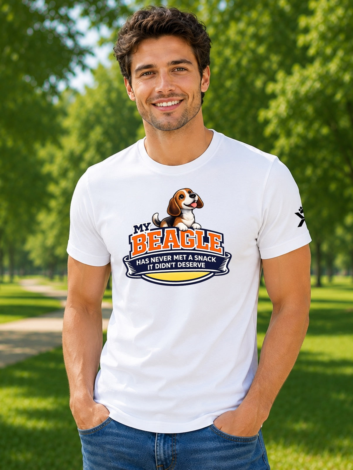 NOMAiX PAWS Beagle T-Shirt for Men - My Beagle Has Never Met a Snack It Didn't Deserve - Funny Dog Dad Gift Tee - White - Lifestyle