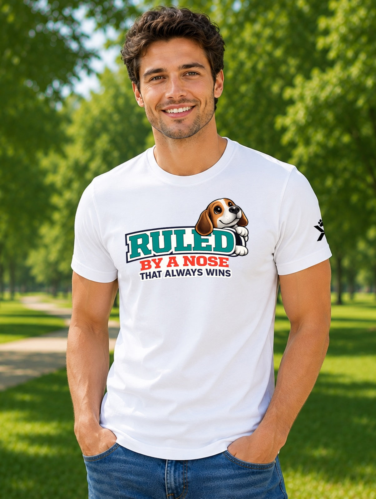 NOMAiX PAWS Beagle T-Shirt for Men - Ruled By a Nose That Always Wins - Funny Dog Dad Gift Tee - White - Lifestyle