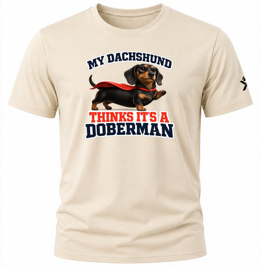 NOMAiX PAWS Dachshund T-Shirt for Men - My Dachshund Thinks It's a Doberman - Funny Dog Dad Gift Tee - Beige - Flat