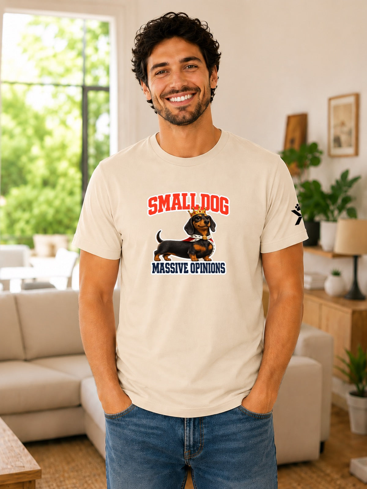 NOMAiX PAWS Dachshund T-Shirt for Men - Small Dog Massive Opinions - Funny Dog Dad Gift Tee - Beige - Lifestyle