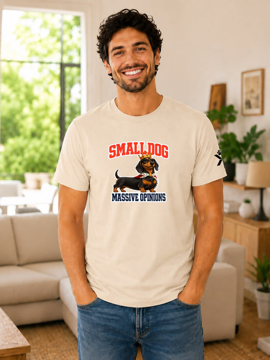 NOMAiX PAWS Dachshund T-Shirt for Men - Small Dog Massive Opinions - Funny Dog Dad Gift Tee - Beige - Lifestyle