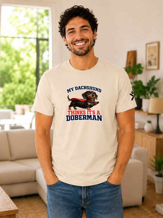 NOMAiX PAWS Dachshund T-Shirt for Men - My Dachshund Thinks It's a Doberman - Funny Dog Dad Gift Tee - Beige - Lifestyle