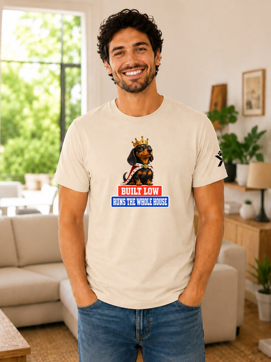 NOMAiX PAWS Dachshund T-Shirt for Men - Built Low Runs the Whole House - Funny Dog Dad Gift Tee - Beige - Lifestyle