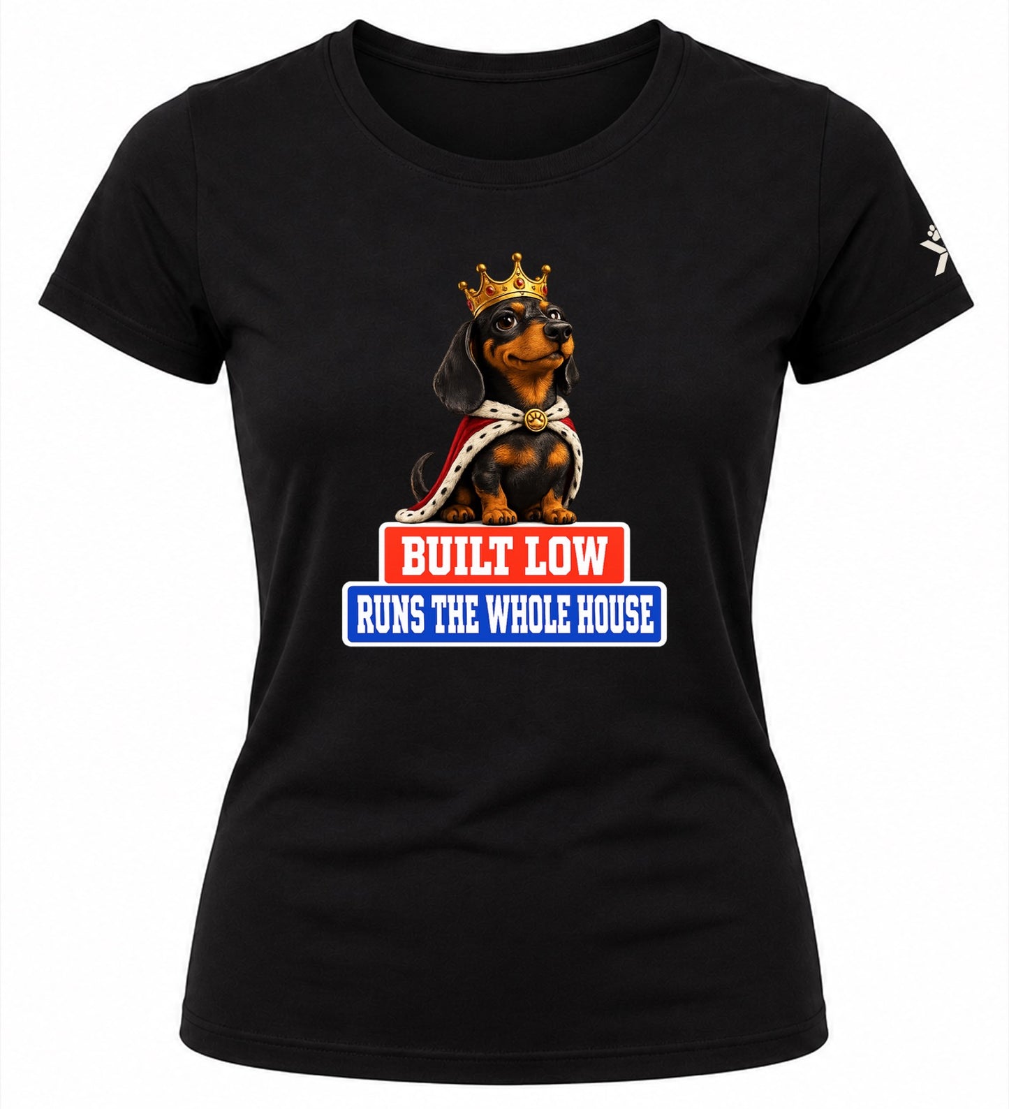 NOMAiX PAWS Dachshund T-Shirt for Women - Built Low Runs the Whole House - Funny Dog Mom Gift Tee - Black - Flat