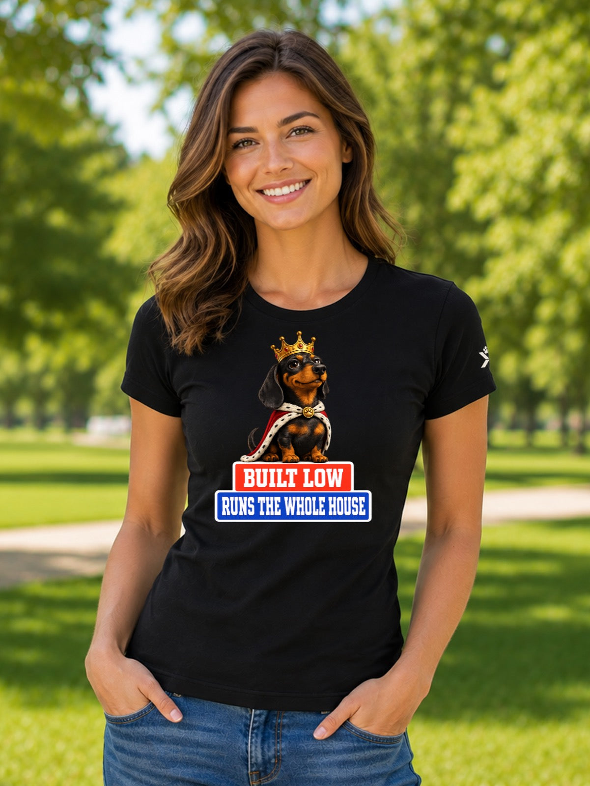 NOMAiX PAWS Dachshund T-Shirt for Women - Built Low Runs the Whole House - Funny Dog Mom Gift Tee - Black - Lifestyle