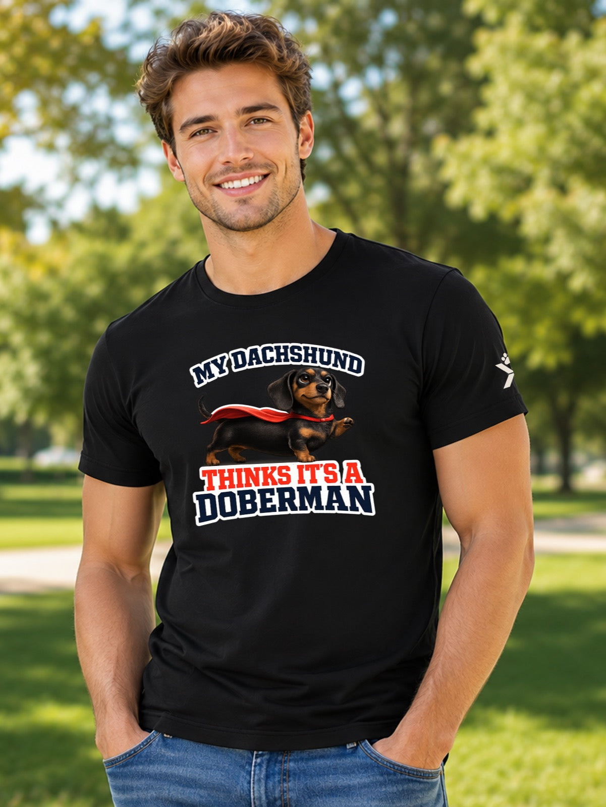 NOMAiX PAWS Dachshund T-Shirt for Men - My Dachshund Thinks It's a Doberman - Funny Dog Dad Gift Tee - Black - Lifestyle