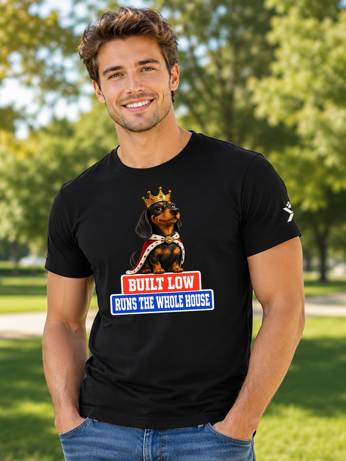 NOMAiX PAWS Dachshund T-Shirt for Men - Built Low Runs the Whole House - Funny Dog Dad Gift Tee - Black - Lifestyle