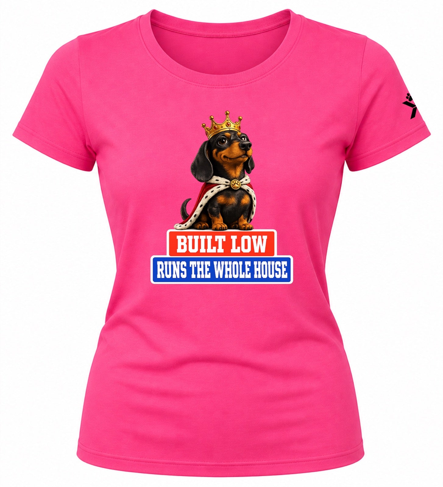 NOMAiX PAWS Dachshund T-Shirt for Women - Built Low Runs the Whole House - Funny Dog Mom Gift Tee - Bright Pink - Flat