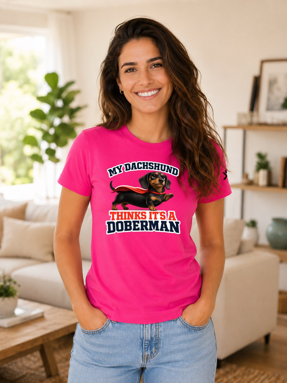 NOMAiX PAWS Dachshund T-Shirt for Women - My Dachshund Thinks It's a Doberman - Funny Dog Mom Gift Tee - Bright Pink - Lifestyle