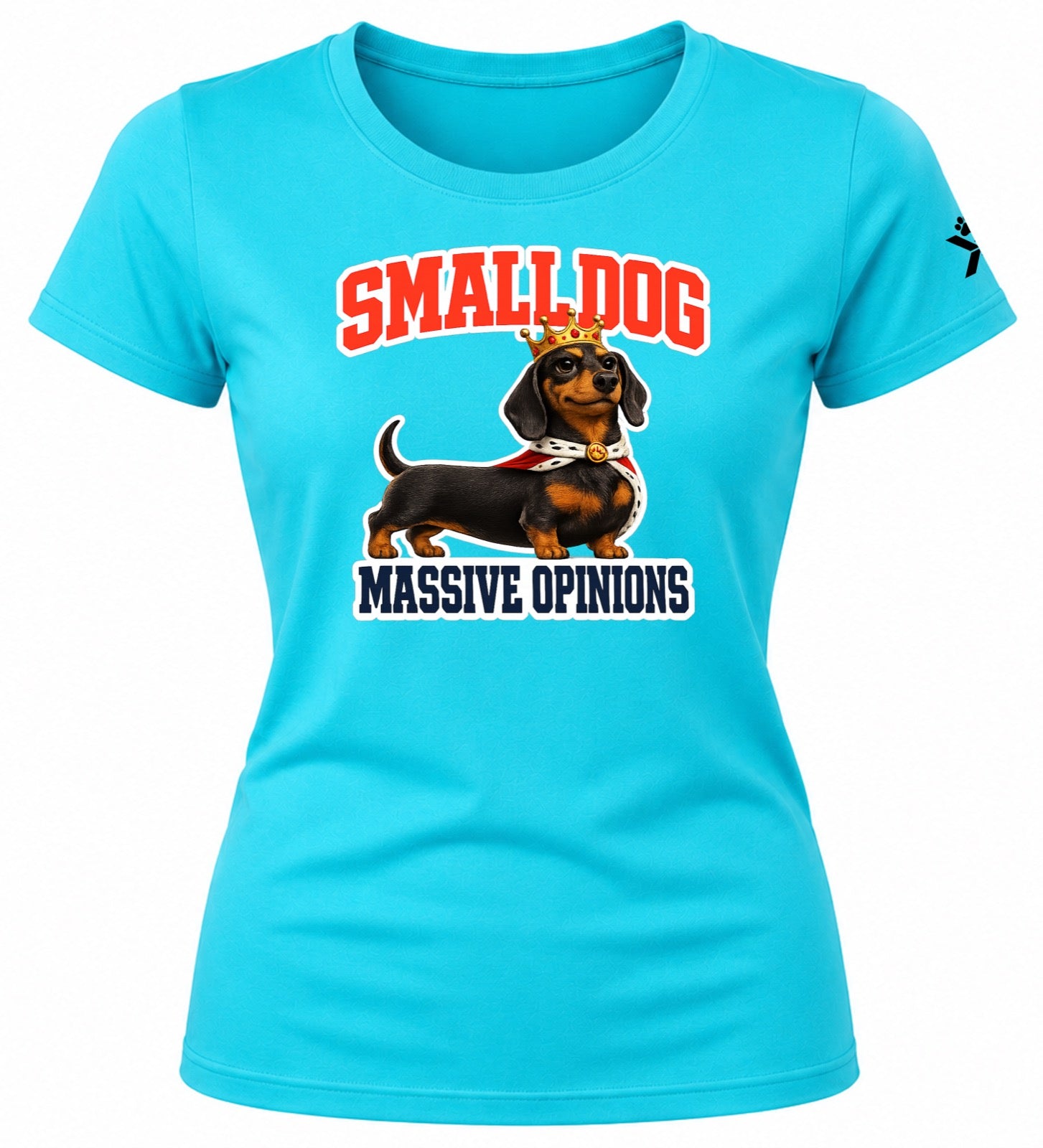 NOMAiX PAWS Dachshund T-Shirt for Women - Small Dog Massive Opinions - Funny Dog Mom Gift Tee - Cyan - Flat
