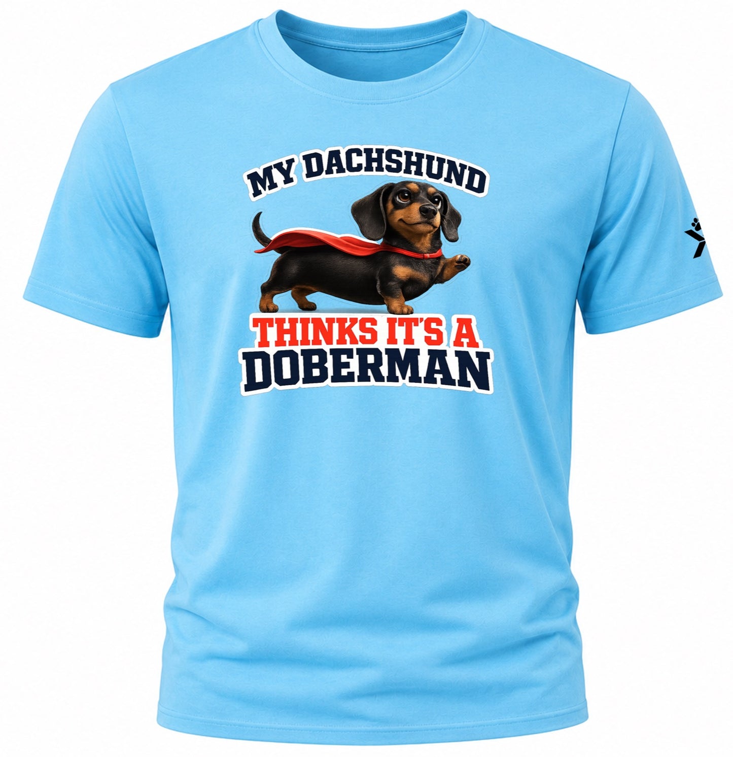 NOMAiX PAWS Dachshund T-Shirt for Men - My Dachshund Thinks It's a Doberman - Funny Dog Dad Gift Tee - Cyan - Flat