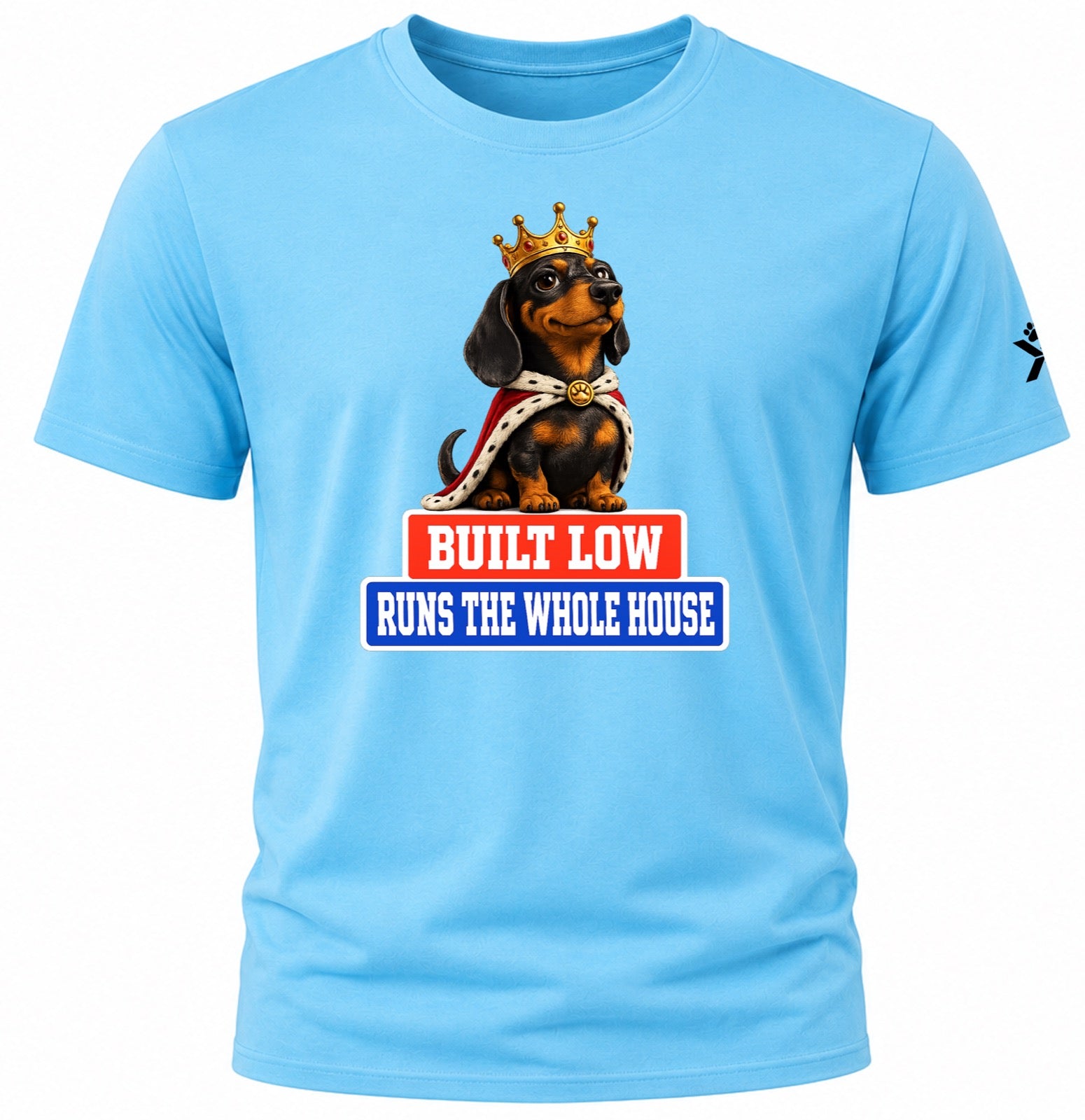 NOMAiX PAWS Dachshund T-Shirt for Men - Built Low Runs the Whole House - Funny Dog Dad Gift Tee - Cyan - Flat