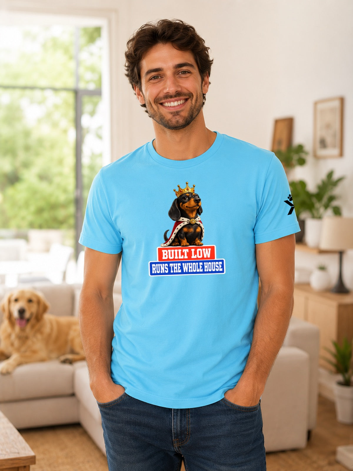 NOMAiX PAWS Dachshund T-Shirt for Men - Built Low Runs the Whole House - Funny Dog Dad Gift Tee - Cyan - Lifestyle