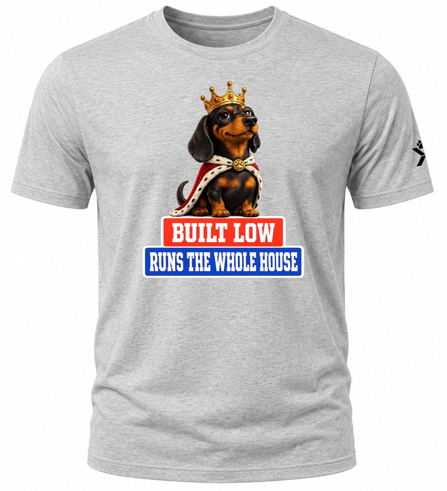 NOMAiX PAWS Dachshund T-Shirt for Men - Built Low Runs the Whole House - Funny Dog Dad Gift Tee - Grey - Flat