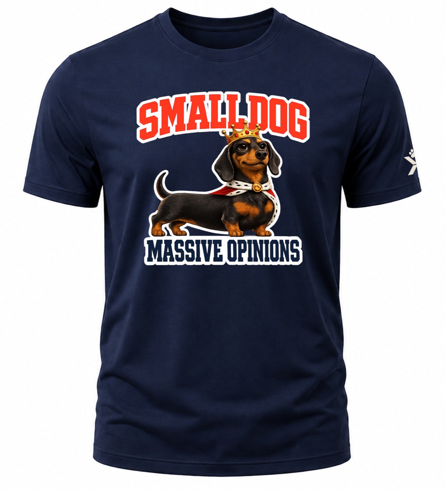 NOMAiX PAWS Dachshund T-Shirt for Men - Small Dog Massive Opinions - Funny Dog Dad Gift Tee - Navy - Flat