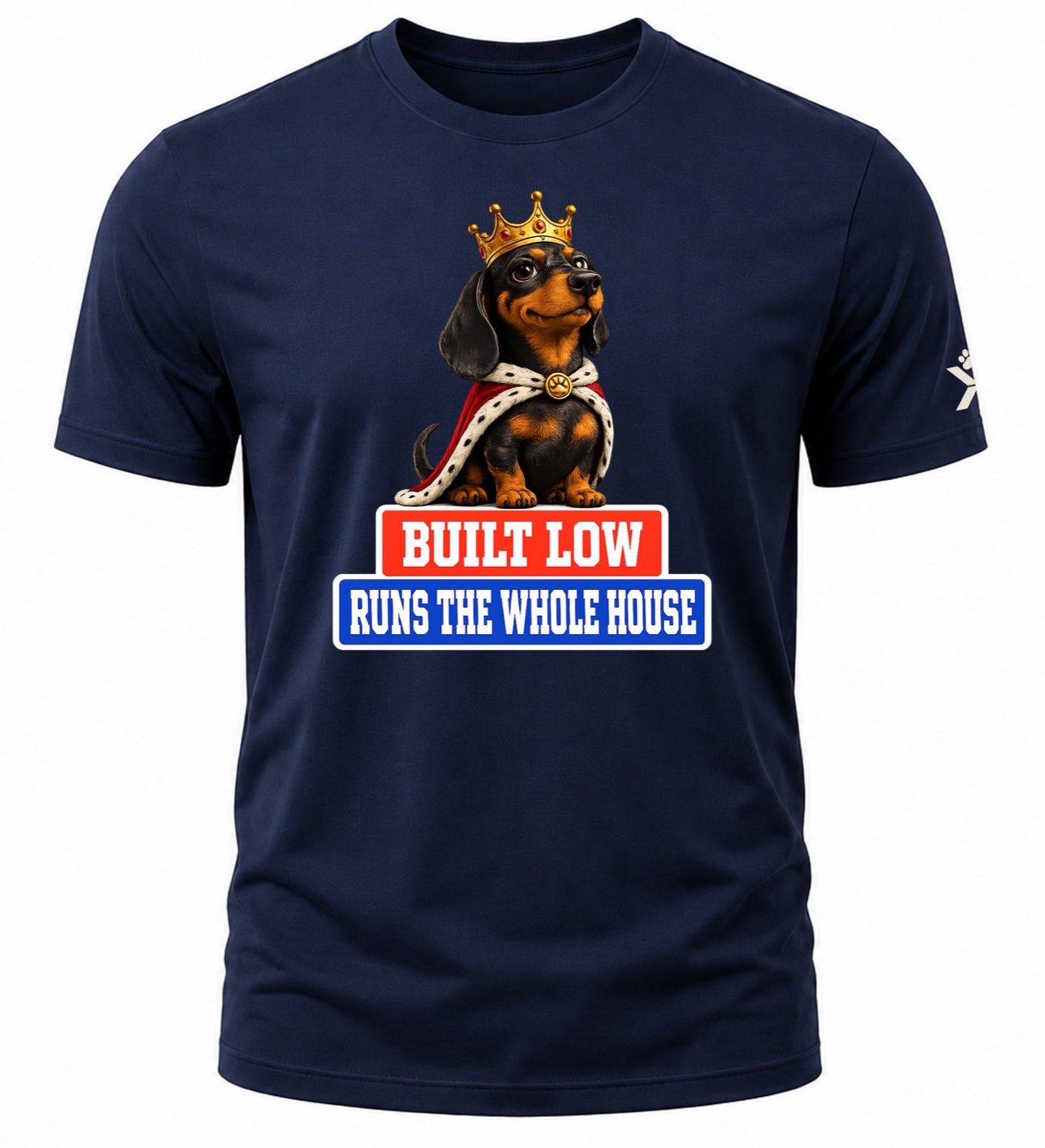 NOMAiX PAWS Dachshund T-Shirt for Men - Built Low Runs the Whole House - Funny Dog Dad Gift Tee - Navy - Flat