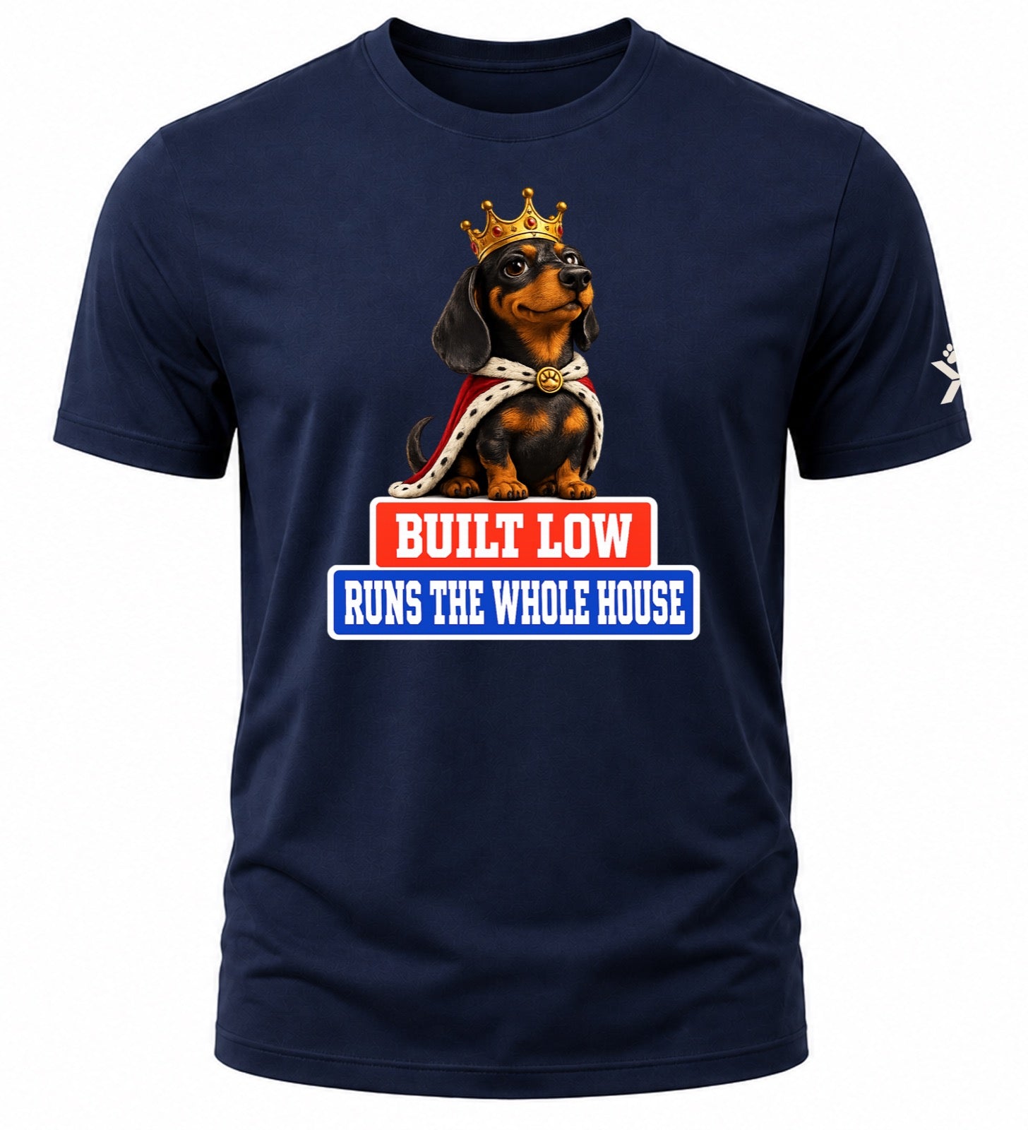 NOMAiX PAWS Dachshund T-Shirt for Men - Built Low Runs the Whole House - Funny Dog Dad Gift Tee - Navy - Flat