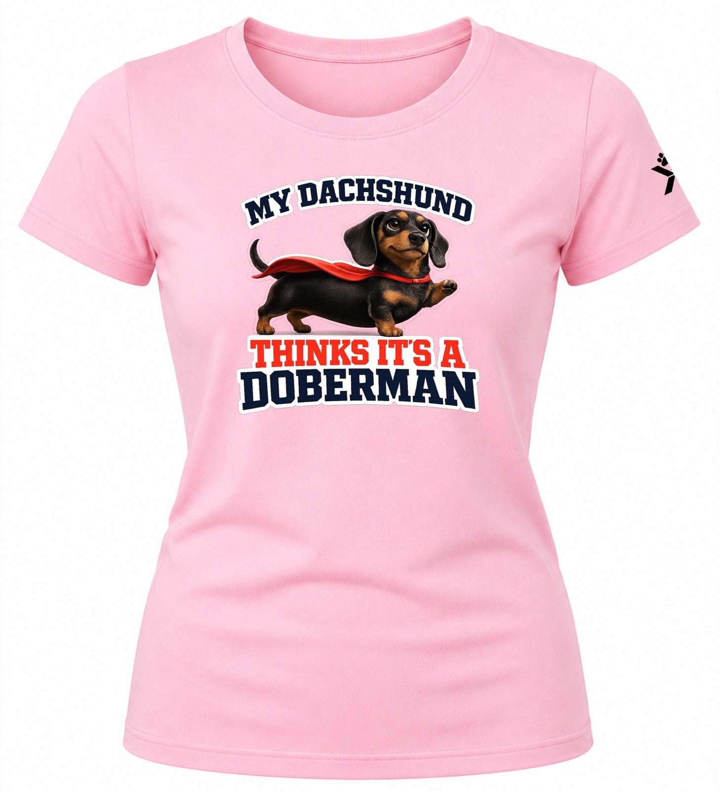 NOMAiX PAWS Dachshund T-Shirt for Women - My Dachshund Thinks It's a Doberman - Funny Dog Mom Gift Tee - Baby Pink - Flat