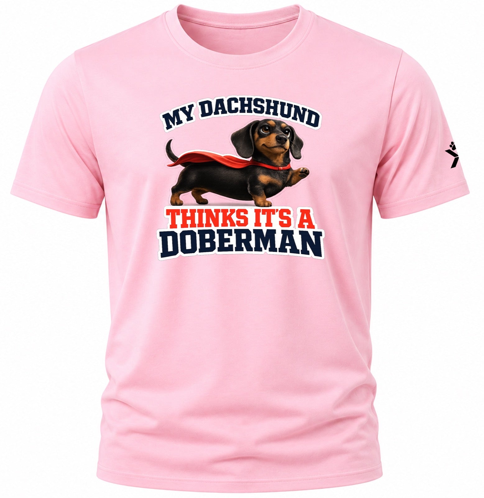 NOMAiX PAWS Dachshund T-Shirt for Men - My Dachshund Thinks It's a Doberman - Funny Dog Dad Gift Tee - Pink - Flat