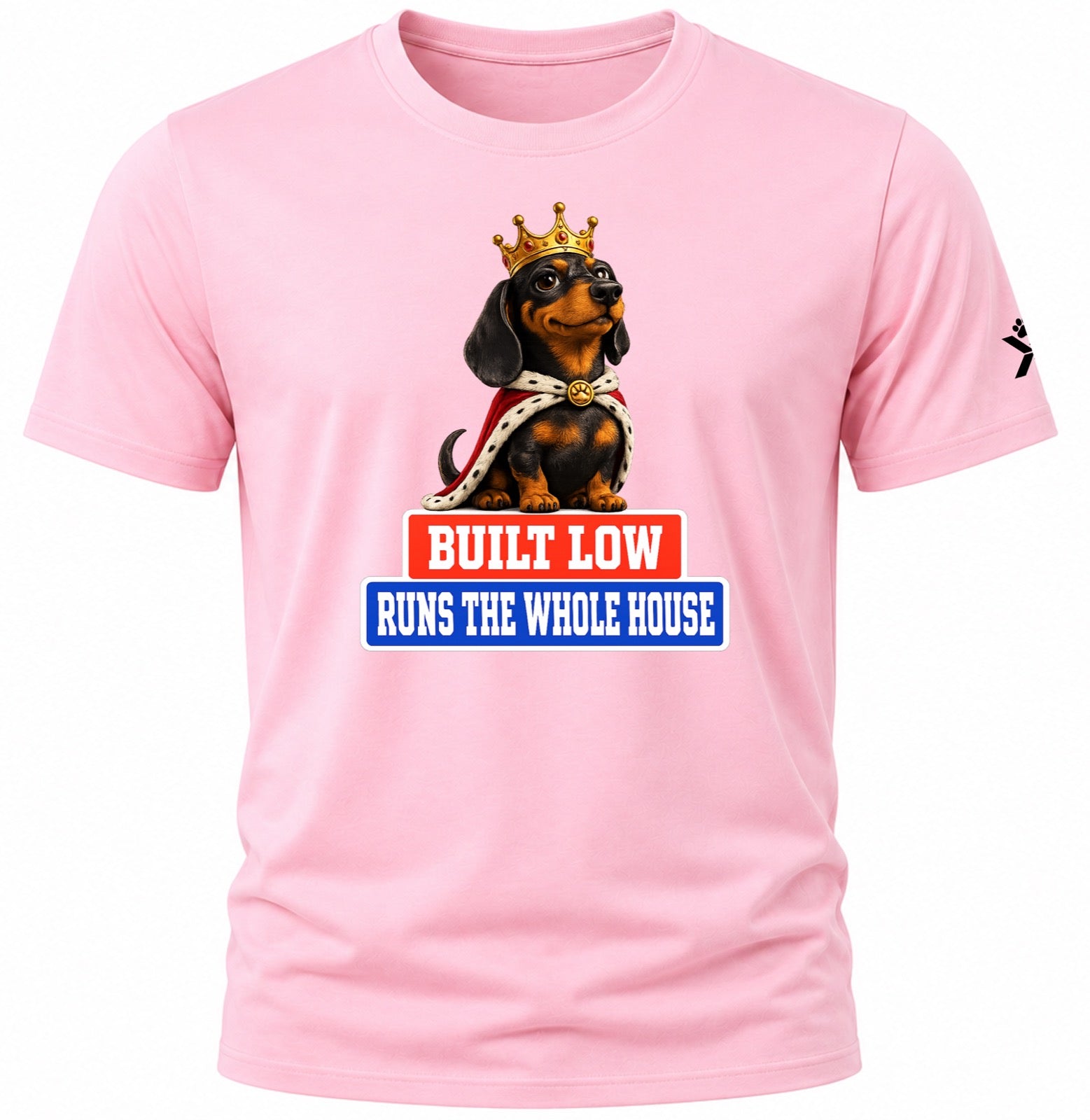 NOMAiX PAWS Dachshund T-Shirt for Men - Built Low Runs the Whole House - Funny Dog Dad Gift Tee - Pink - Flat