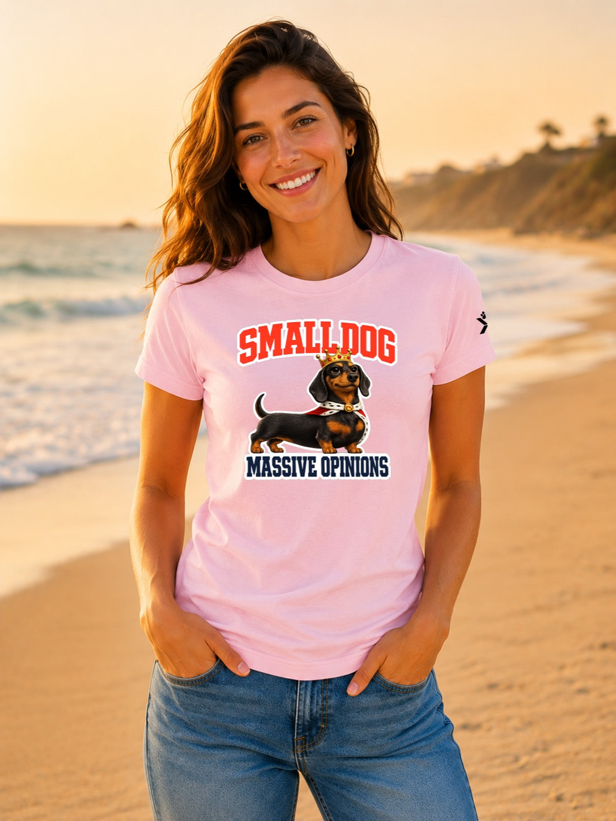 NOMAiX PAWS Dachshund T-Shirt for Women - Small Dog Massive Opinions - Funny Dog Mom Gift Tee - Baby Pink - Lifestyle